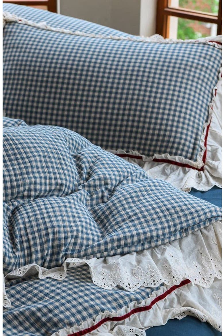 Gingham Floral Ruffle Bedding Set, Alternate, color, Blue