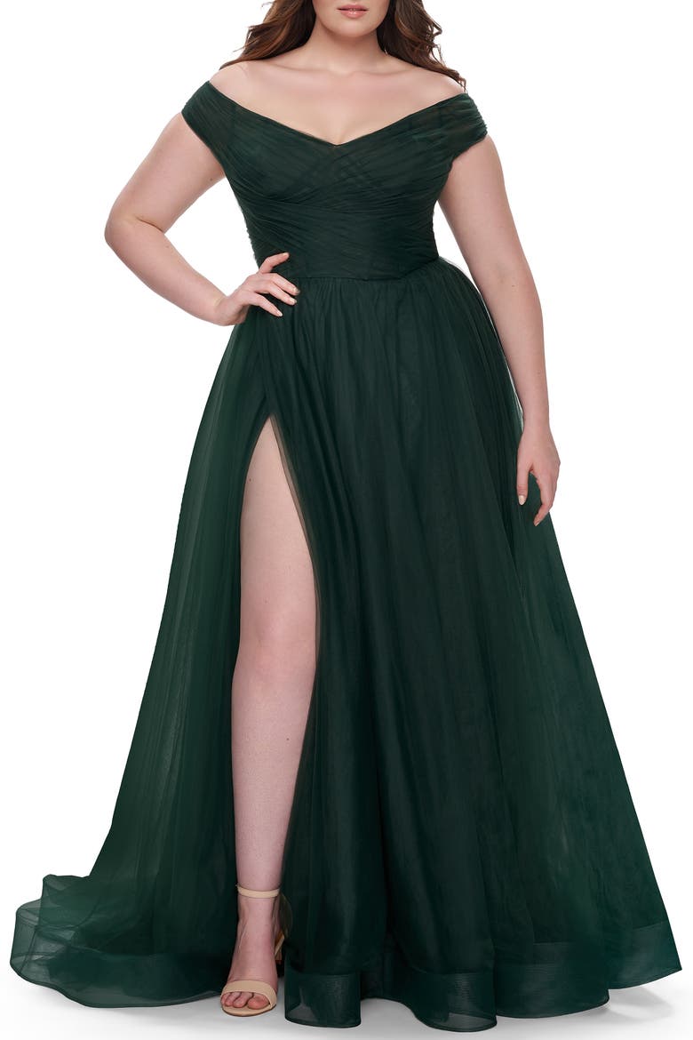 A-Line Tulle Off the Shoulder Plus Size Dress with Slit, Alternate, color, Dark Emerald