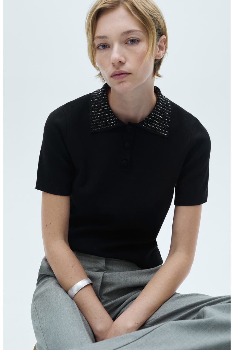 Rhinestone Collar Knit Polo Shirt, Alternate, color, BLACK