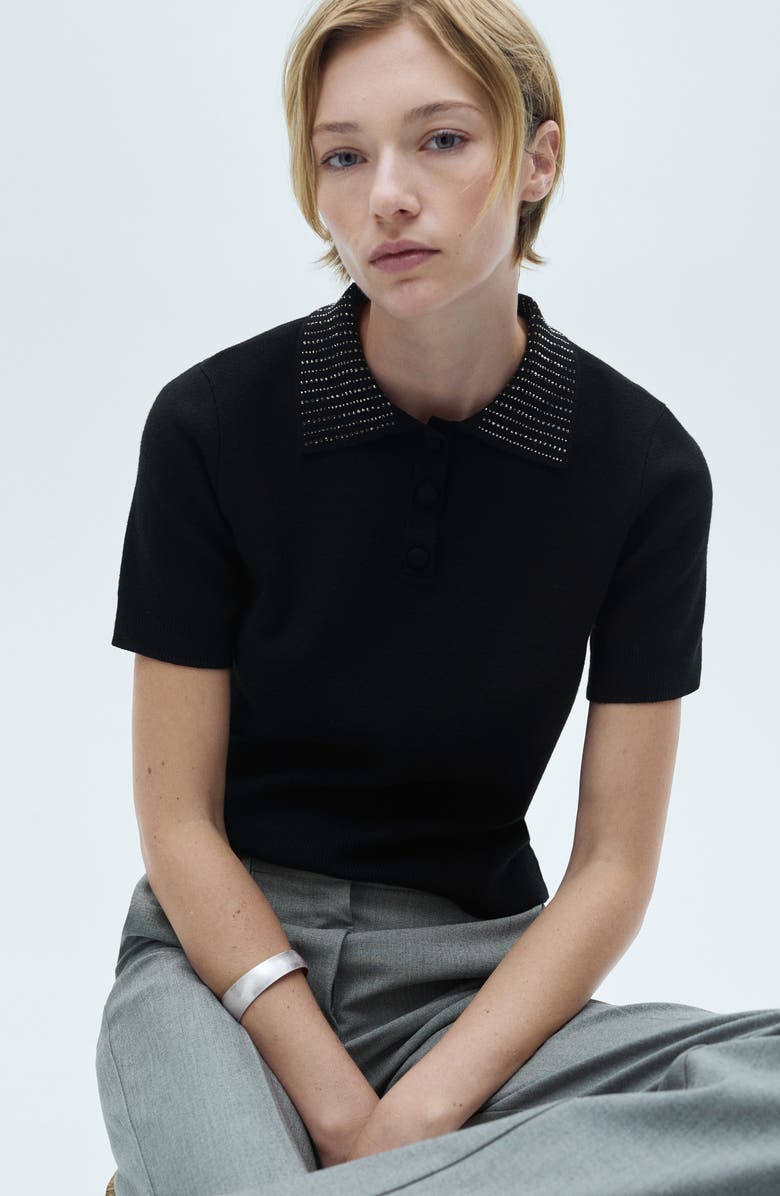 MANGO Rhinestone Collar Knit Polo Shirt, Alternate, color, 
