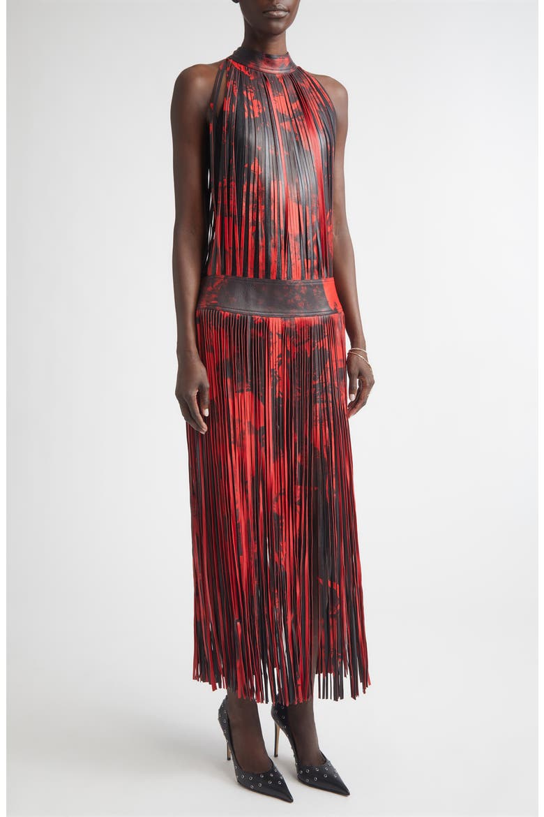 Floral Fringe Leather Maxi Dress, Alternate, color, BLACK/ RED