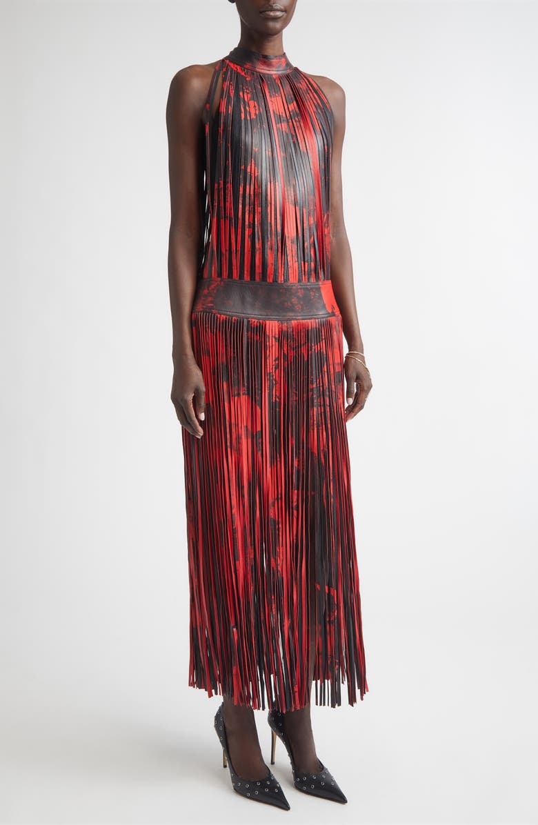 McQueen Floral Fringe Leather Maxi Dress, Alternate, color, Black/ Red