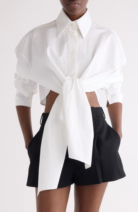 High Low Tie Front Poplin Button-Up Shirt