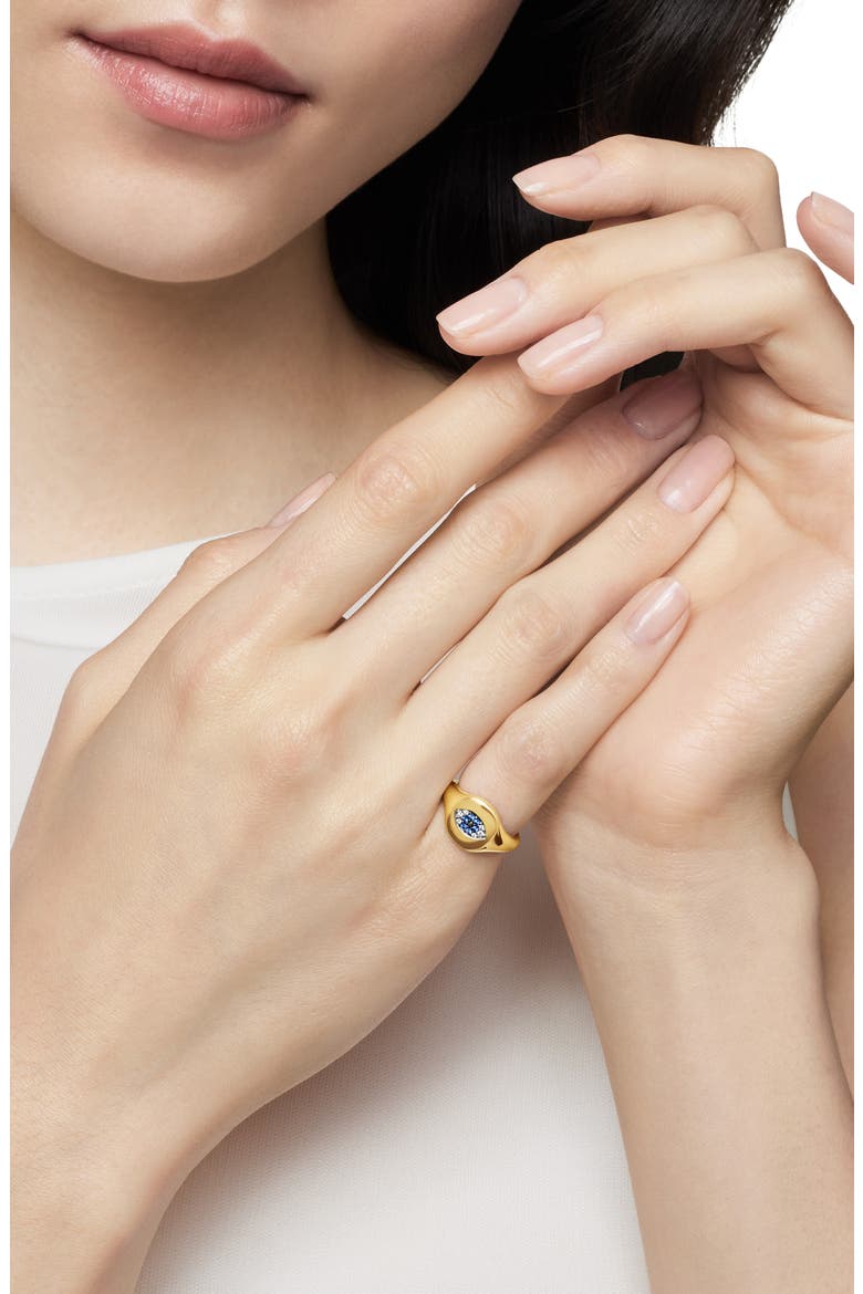 Cable Collectibles Evil Eye Mini Pinky Ring in 18K Gold with Diamonds, Alternate, color, LIGHT BLUE SAPPHIRE