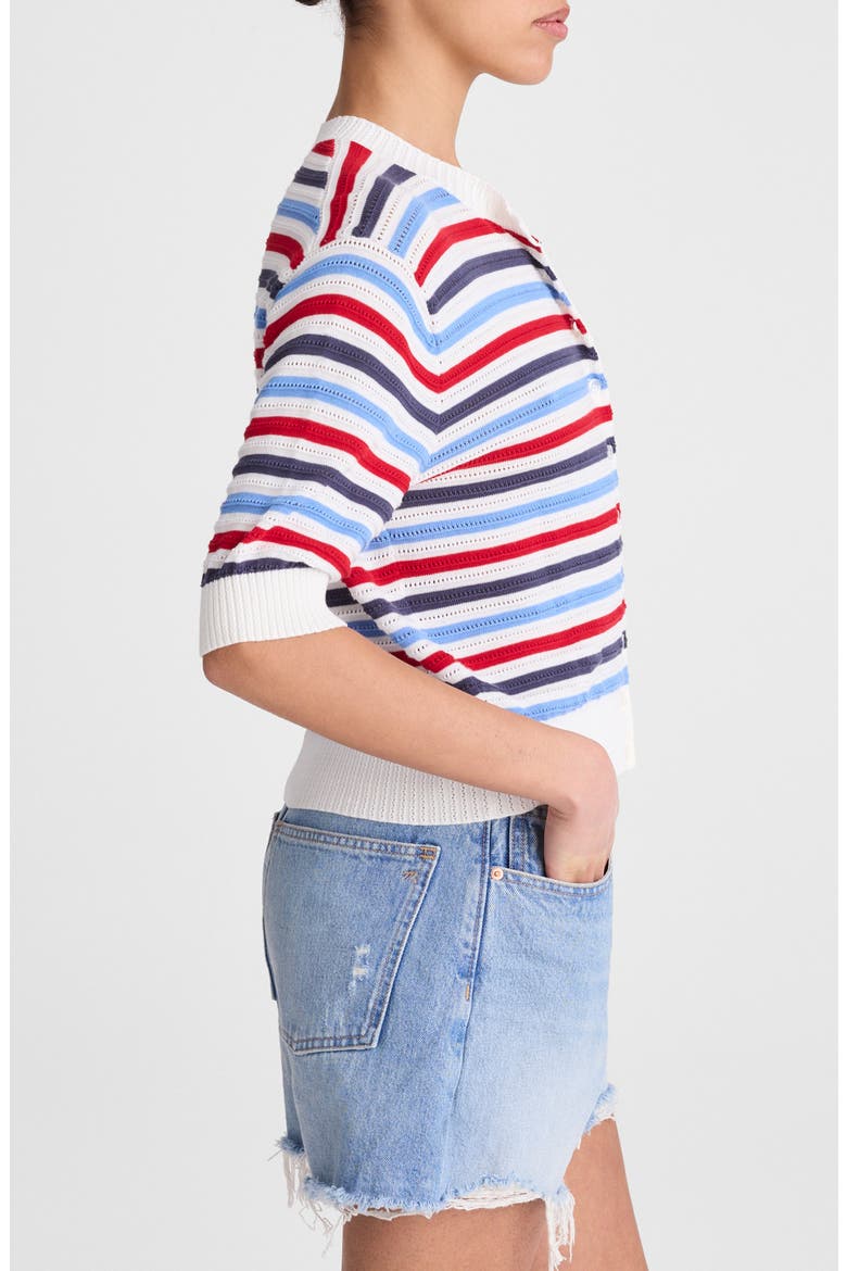 Textured Stripe Short Sleeve Cotton Cardigan, Alternate, color, IVORY POP COLOR MULTI STRIPE