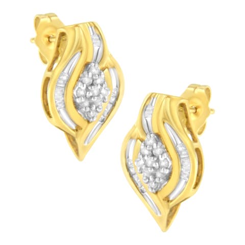 10K Yellow Gold 1/3 Ct RoundDiamond Cluster and Swirl Stud Earrings