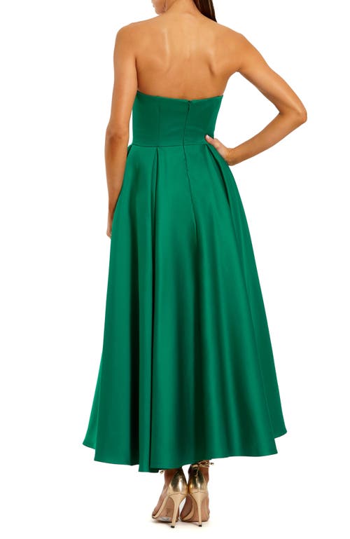 Mac Duggal Strapless Satin A Line Midi Dress With 3d Flower In Animal Print