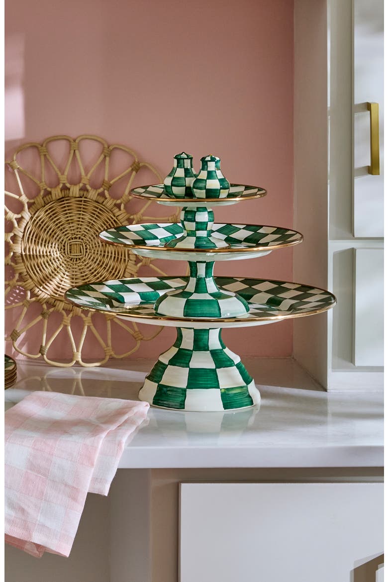 Emerald Check Large Pedestal Platter, Alternate, color, EMERALD