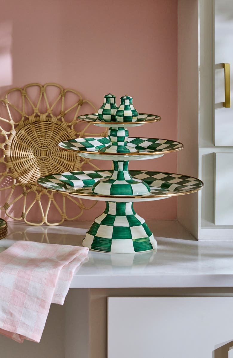 MACKENZIE CHILDS Emerald Check Large Pedestal Platter, Alternate, color, Emerald