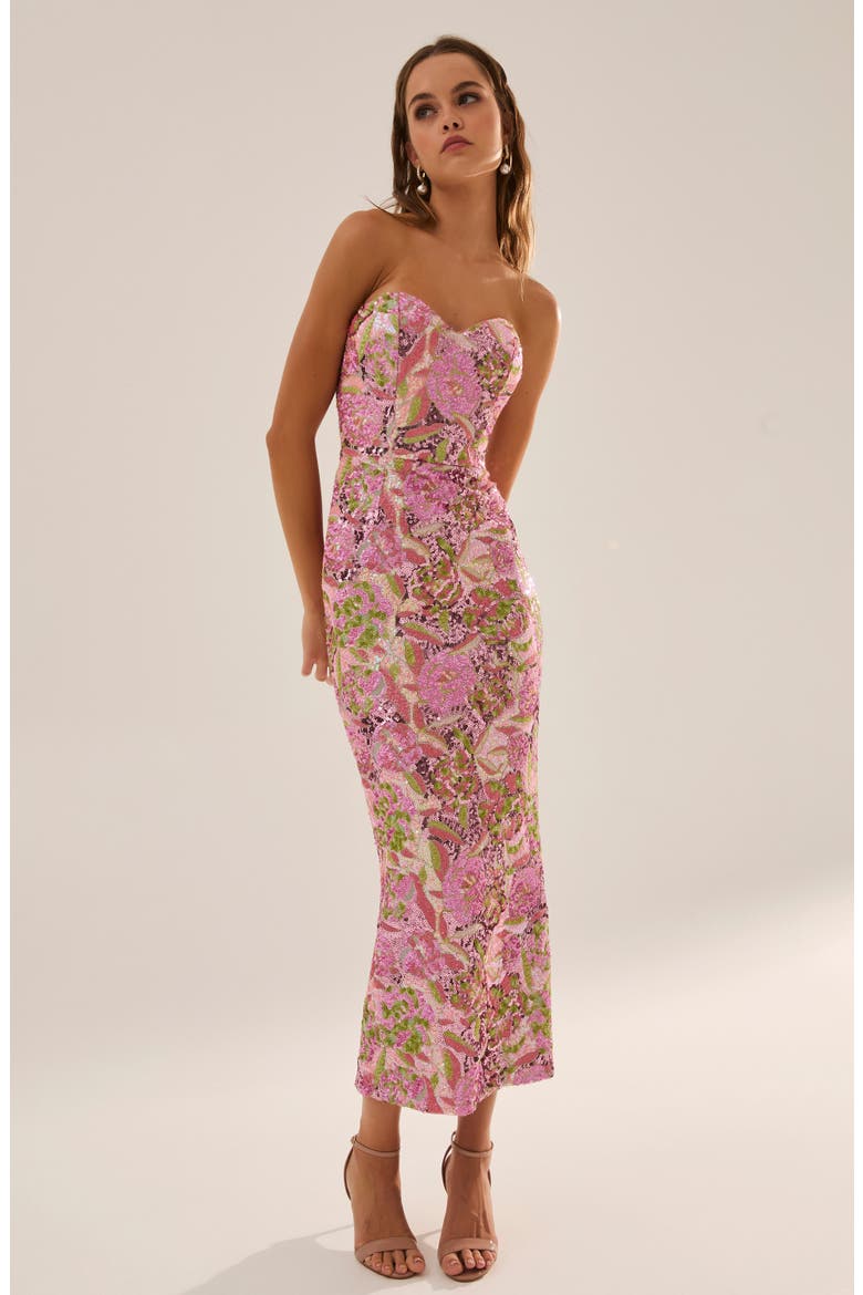 Monique Sequin Strapless Gown, Alternate, color, PINK/ GREEN FLORAL