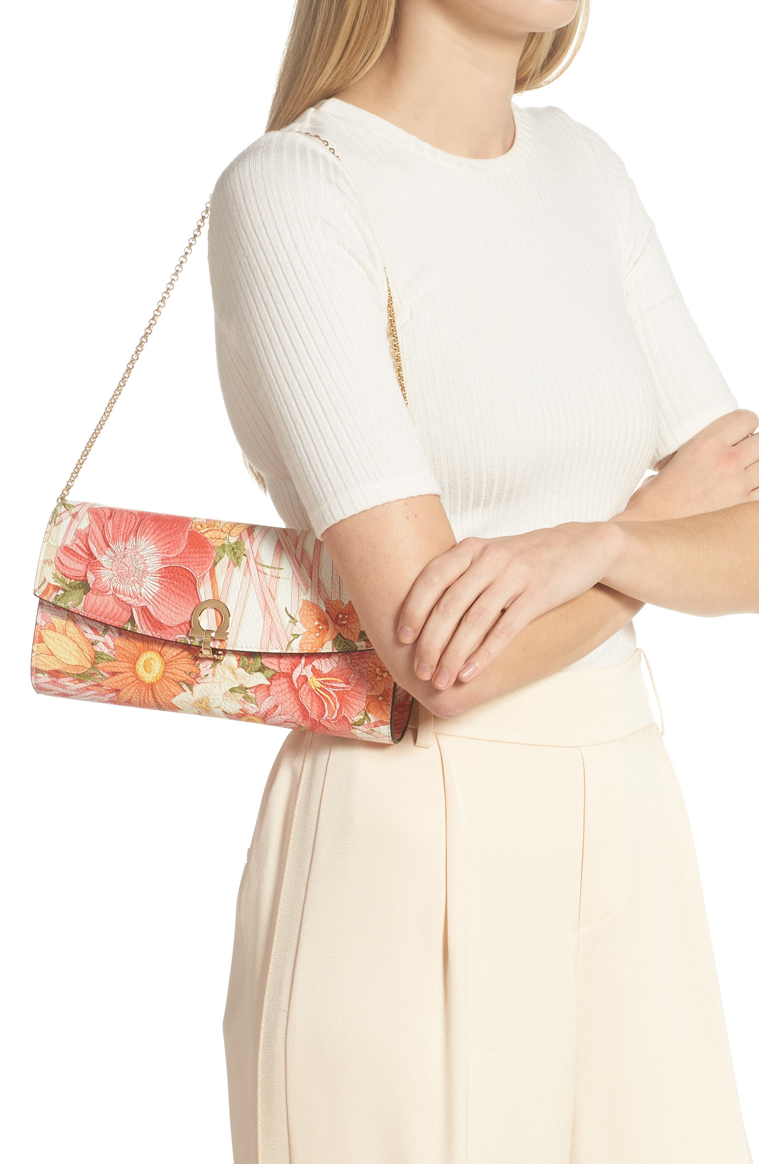 Salvatore Ferragamo Gancino Vimini Print Leather Clutch, Alternate, color, NEW BIANCO OTTICO