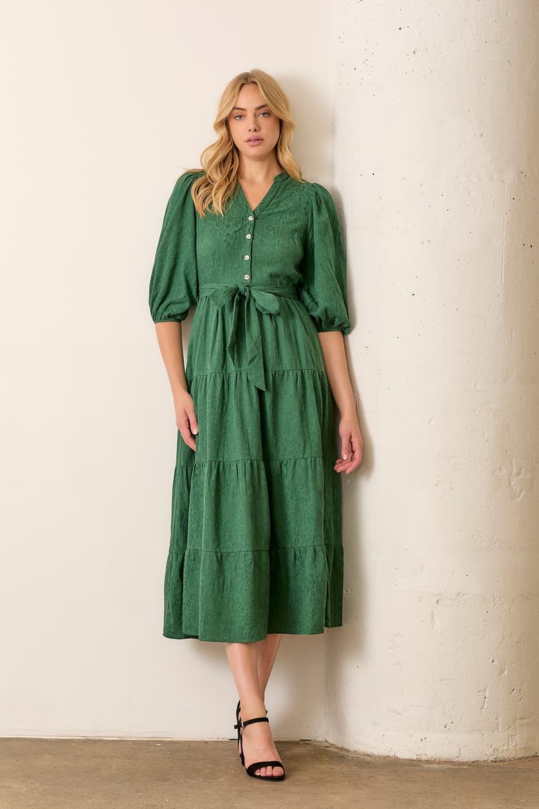 Floral Jacquard Button Front Tiered Dress, Alternate, color, Forest Green