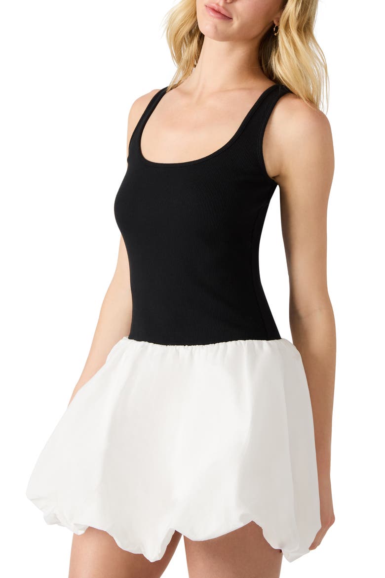 Linnea Mixed Media Bubble Hem Cotton Minidress, Alternate, color, BLACK/ WHITE