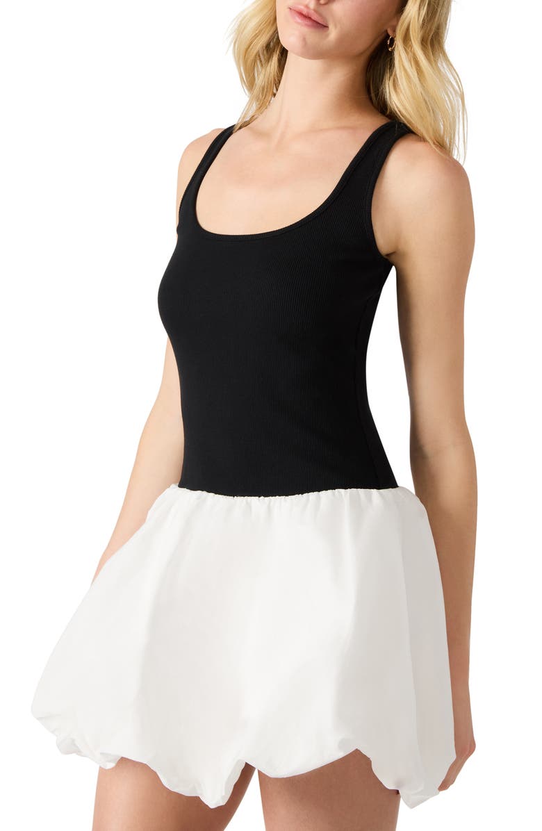 Steve Madden Linnea Mixed Media Bubble Hem Cotton Minidress, Alternate, color, Black/ White