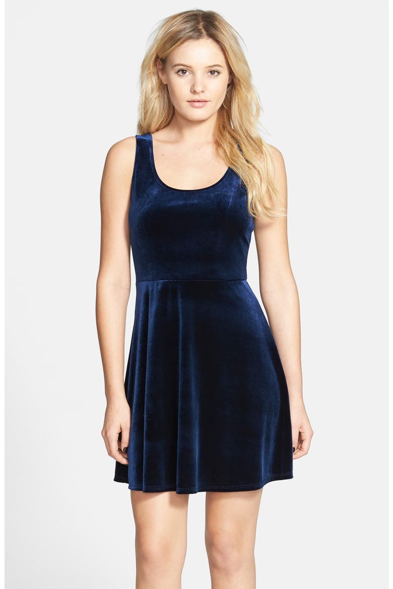 Cutout Back Velvet Skater Dress, Main, color, NAVY
