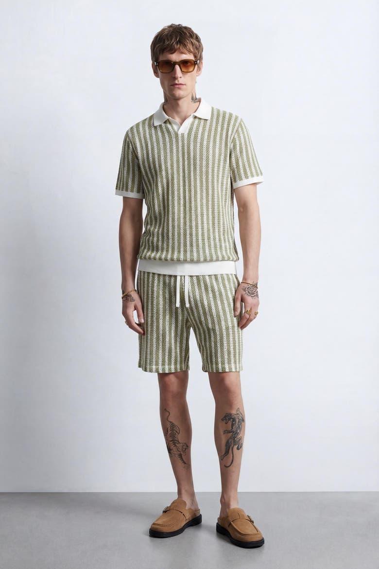 Albie Stripe Cotton Crochet Polo Shir, Alternate, color, Cream Khaki