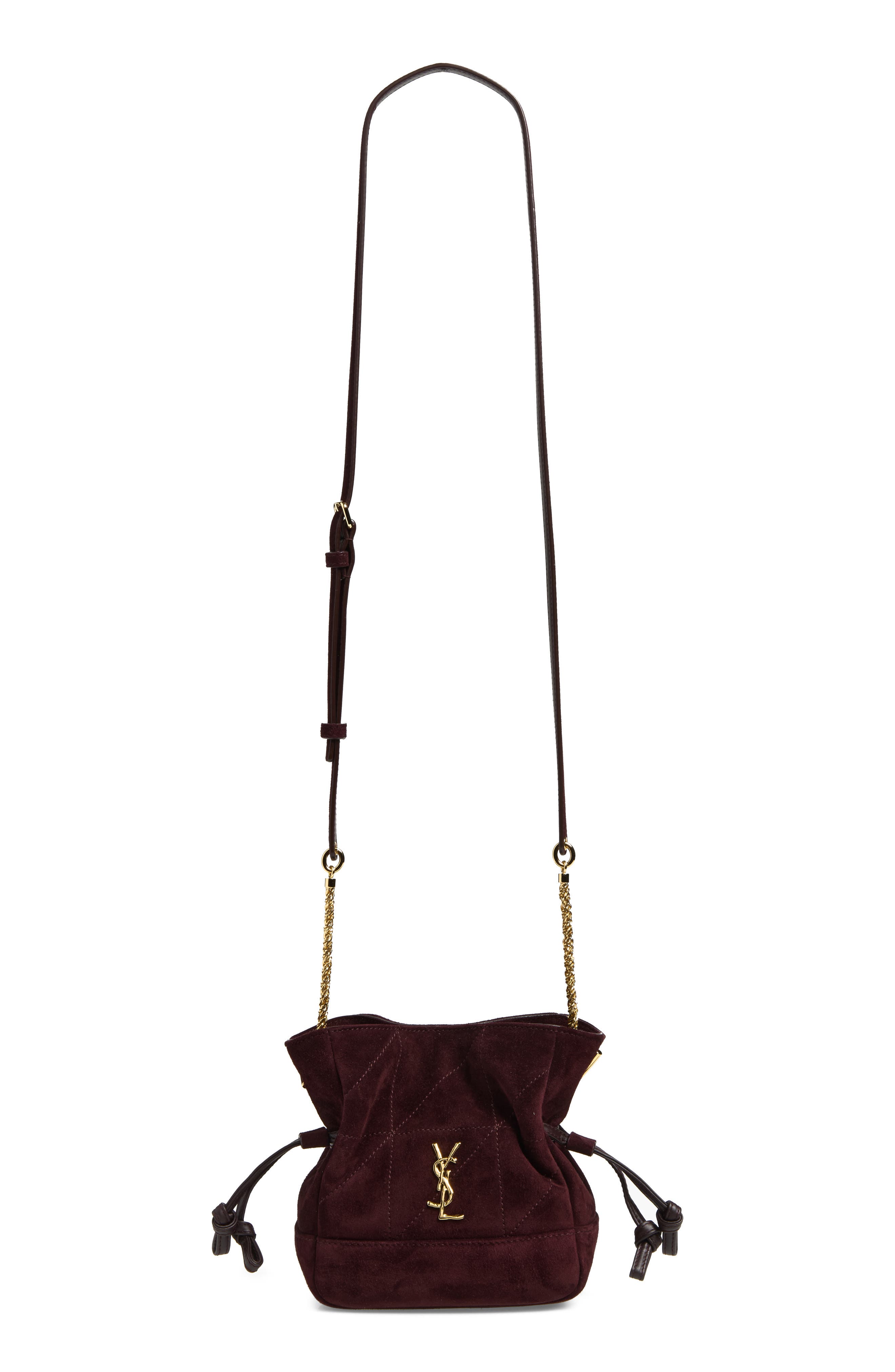 Mini Jamie Carré Rive Gauche Suede Shoulder Pouch, Main, color, SMOKY BURGUNDY