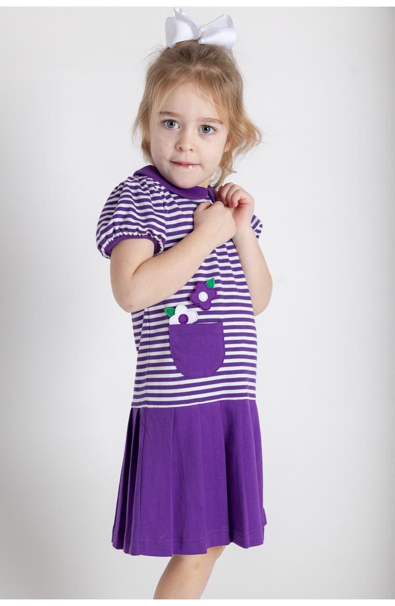 Florence Eiseman Stripe Knit Pleated Dress With Flowers, Alternate, color, Purple