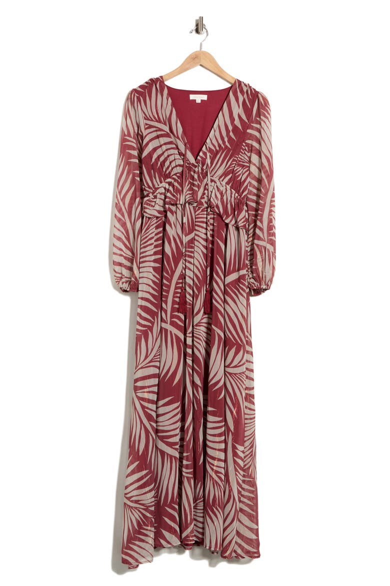 Palm Print Long Sleeve Chiffon Maxi Dress, Main, color, BURGUNDY