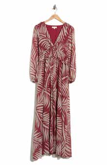Palm Print Long Sleeve Chiffon Maxi Dress