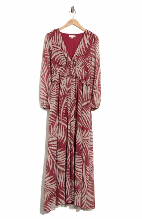 Palm Print Long Sleeve Chiffon Maxi Dress