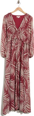 FLYING TOMATO Palm Print Long Sleeve Chiffon Maxi Dress