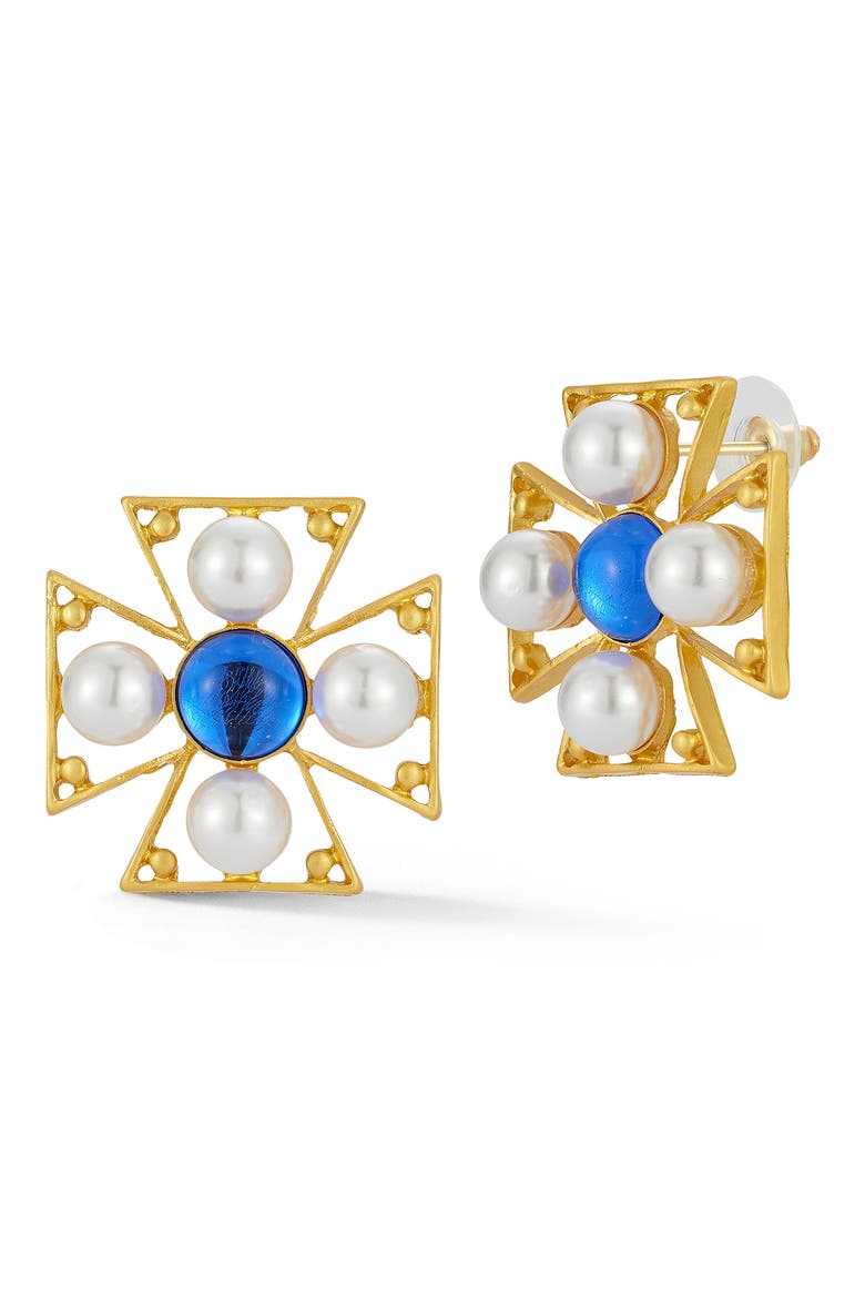 Faux Pearl & CZ Stud Earrings, Main, color, GOLD