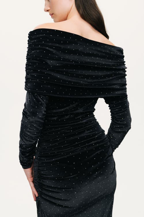 Nocturne Off-shoulder Velvet Maxi Dress With Rhinestone Detail In Black