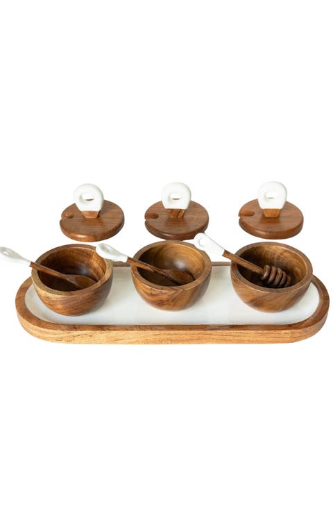 Wood + White Collection Acacia Wood 3 Dipping Bowls with Charcuterie Utensils