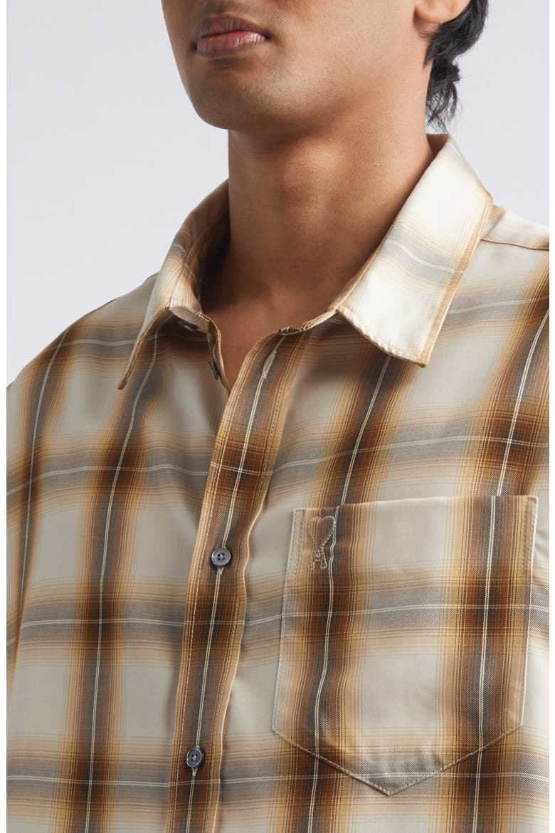 Ami de Coeur Embroidered Boxy Plaid Button-Up Shirt, Alternate, color, TAUPE BEIGE/ CARAMEL