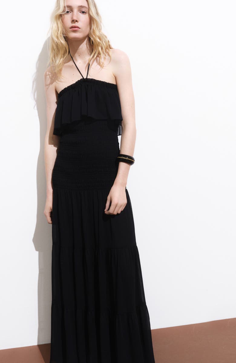 MANGO Ruffle Tiered Halter Maxi Dress, Alternate, color, Black