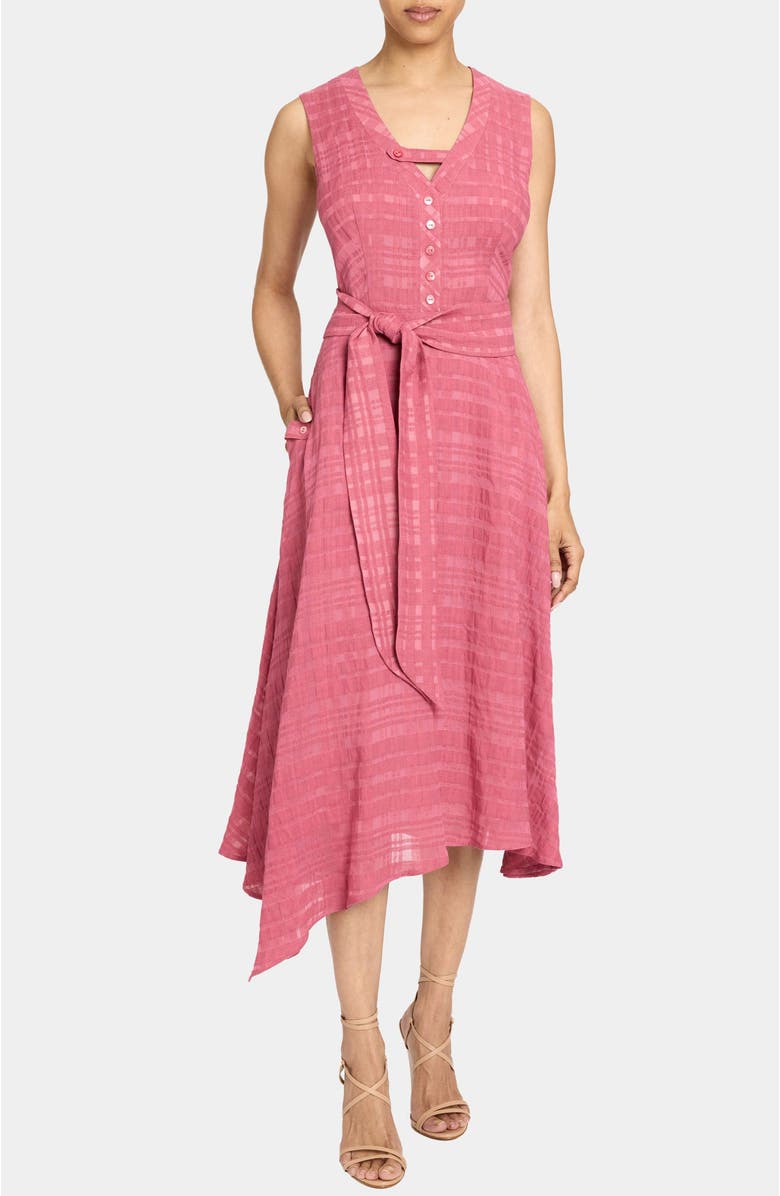 Santorelli NIA Asymmetric Midi Dress in Laser Cut Linen-Cotton, Alternate, color, Peony