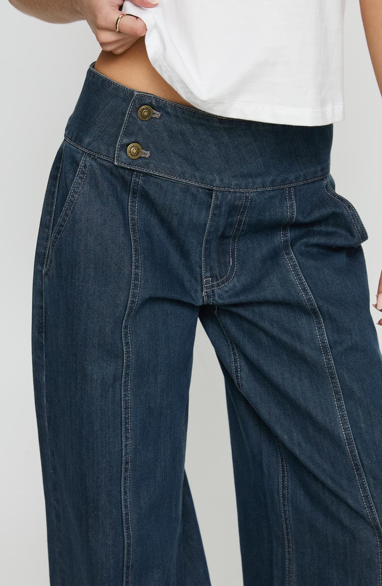 Princess Polly Nikolette Foldover Wide Leg Jeans, Alternate, color, Dark Wash / Check