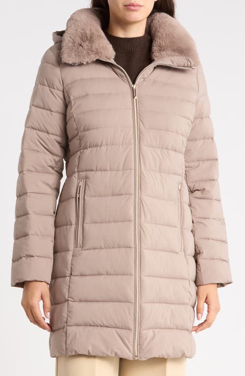Packable Hooded Puffer Coat with Faux Fur Trim