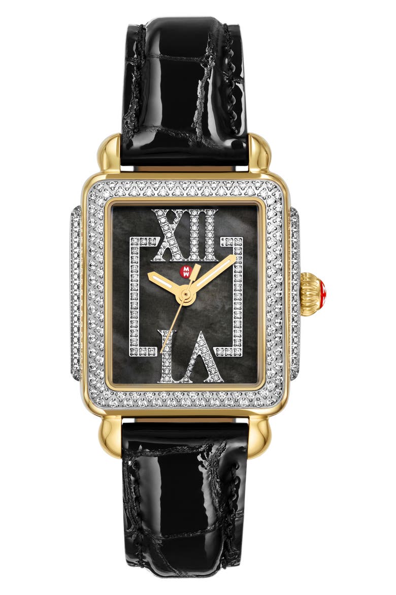 Deco Madison Mid Pavé Diamond & Mother-of-Pearl Leather Strap Watch, 29mm x 31mm, Main, color, BLACK