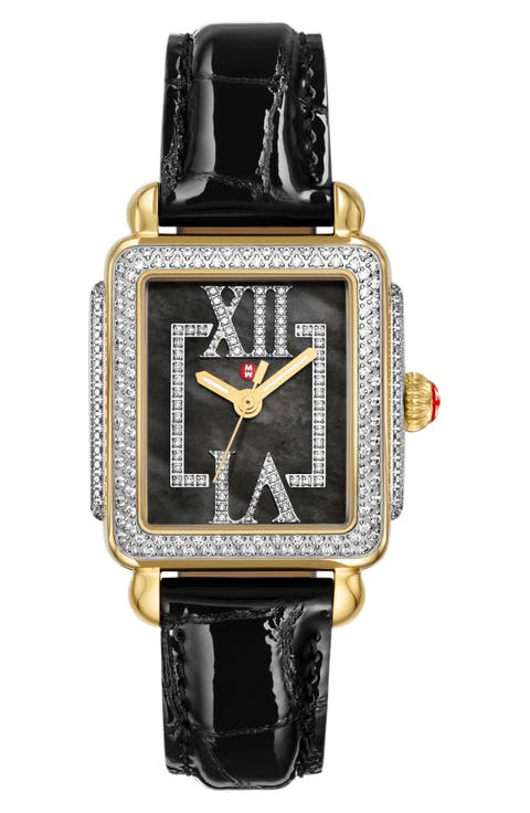 Deco Madison Mid Pavé Diamond & Mother-of-Pearl Leather Strap Watch, 29mm x 31mm