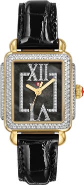 MICHELE Deco Madison Mid Pavé Diamond & Mother-of-Pearl Leather Strap Watch, 29mm x 31mm