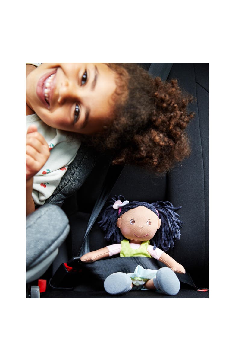 HABA Cari 12" Black Baby Doll with Black Pigtails, Embroidered Face, Removable Green Dress, Machine Washable Soft Baby Doll - 18 Months+, Alternate, color, Green Multi