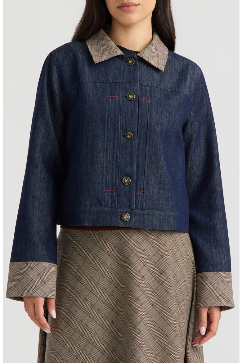 Plaid Detail Denim Jacket, Main, color, DARK INDIGO DENIM