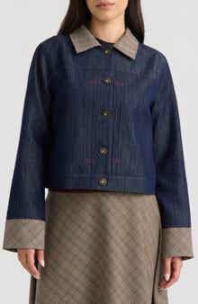 Plaid Detail Denim Jacket