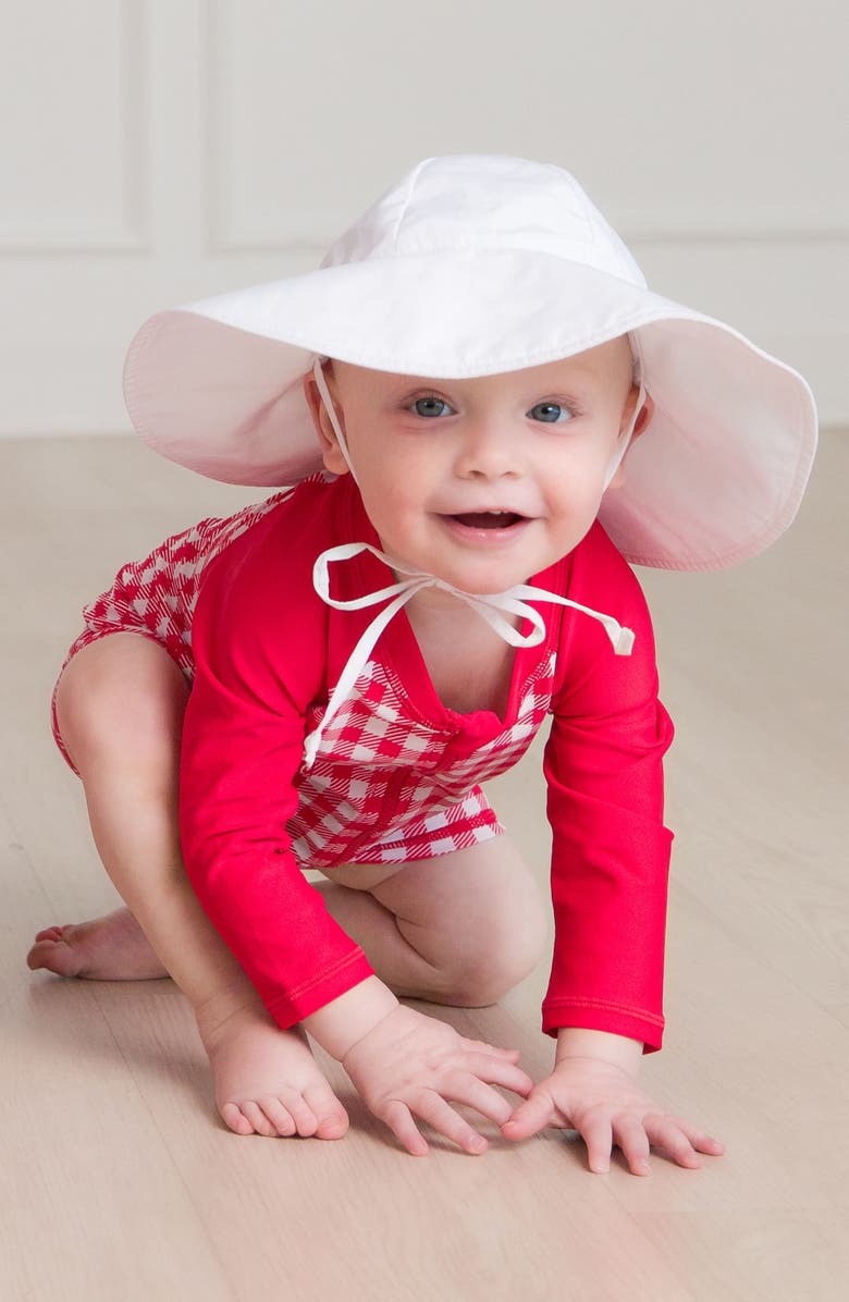 RuggedButts Red Gingham One-Piece Rashguard Swimsuit & Hat Set, Alternate, color, 