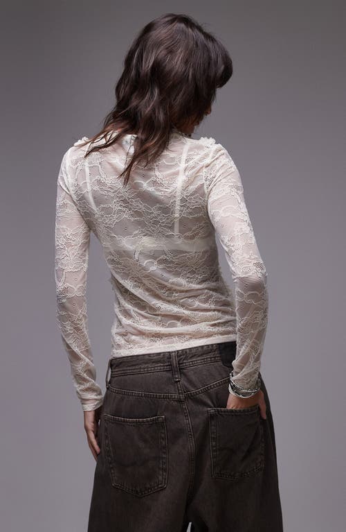 Topshop Lace Ruffle Trim Long Sleeve Semisheer Top In White