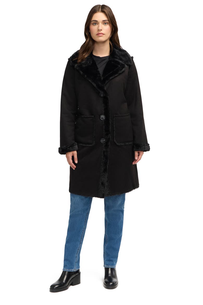 Faux Fur Detail Faux Shearling Coat, Alternate, color, BLACK