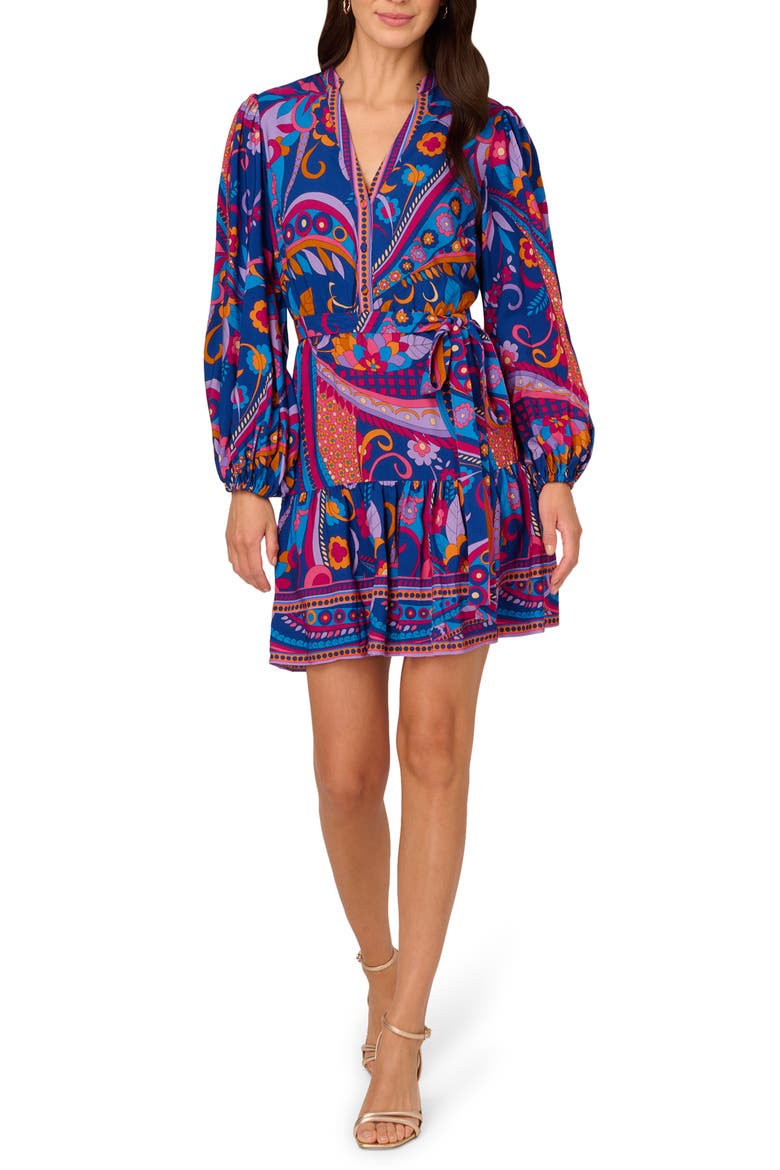Print Tie Waist Long Sleeve Dress, Main, color, BLUE MULTI