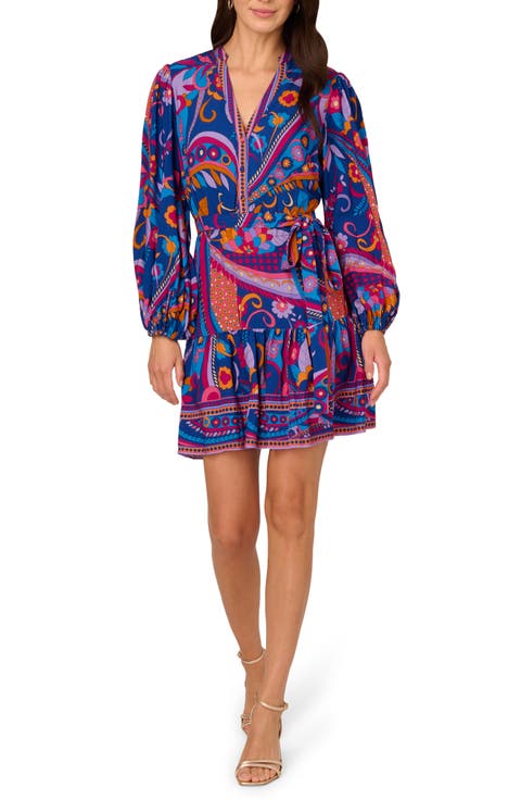 Print Tie Waist Long Sleeve Dress