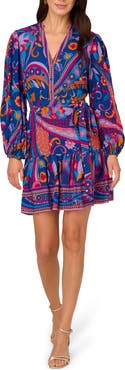 Adrianna Papell Print Tie Waist Long Sleeve Dress