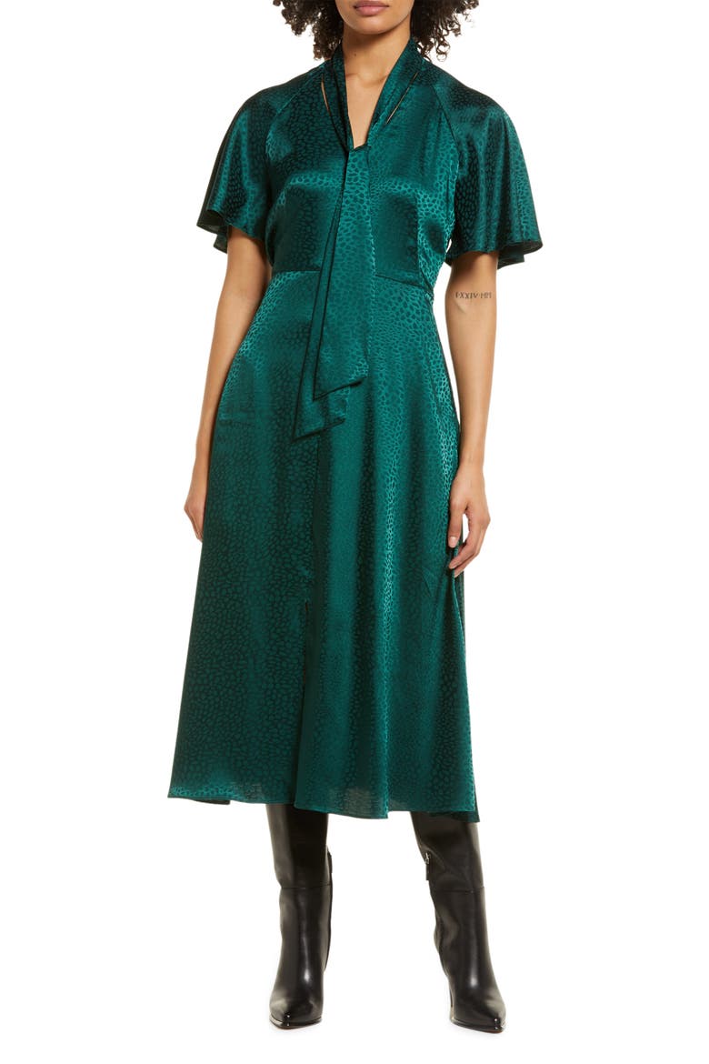 Tie Neck Satin Midi Dress, Main, color, HUNTER