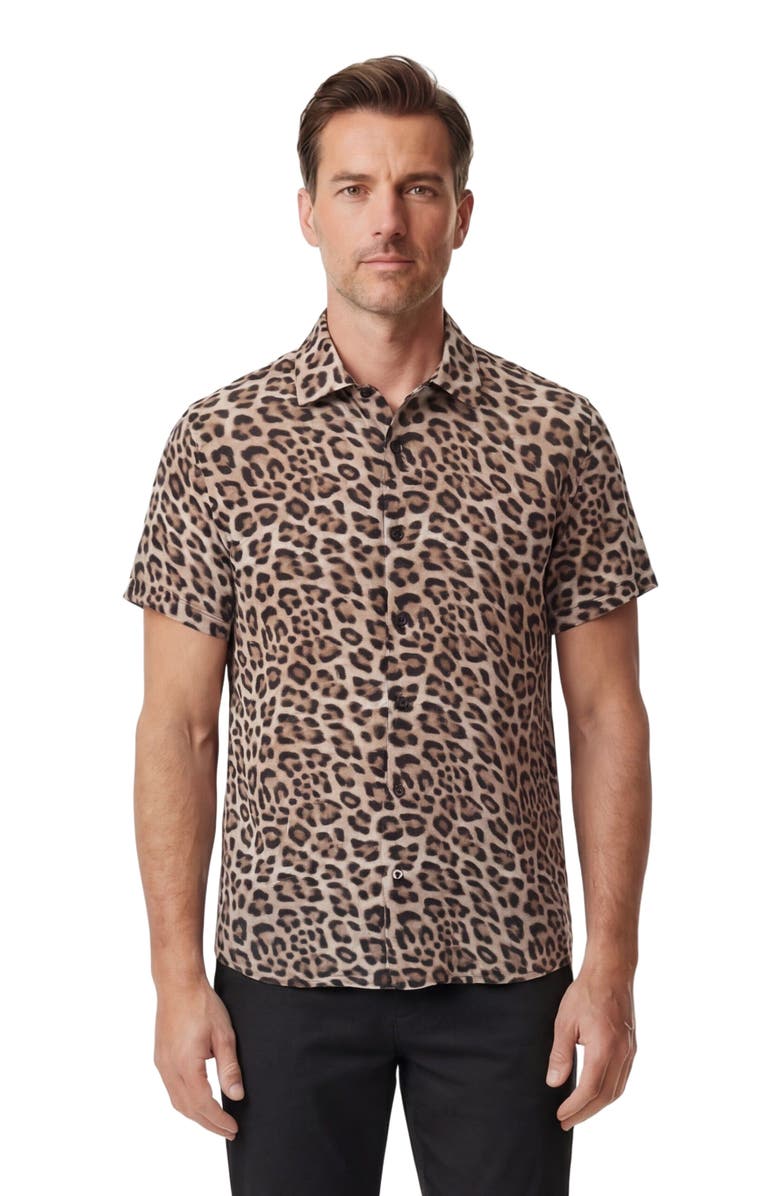 Lords of Harlech Leopard Mens Linen Button-up Shirt, Main, color, Leopard Brown