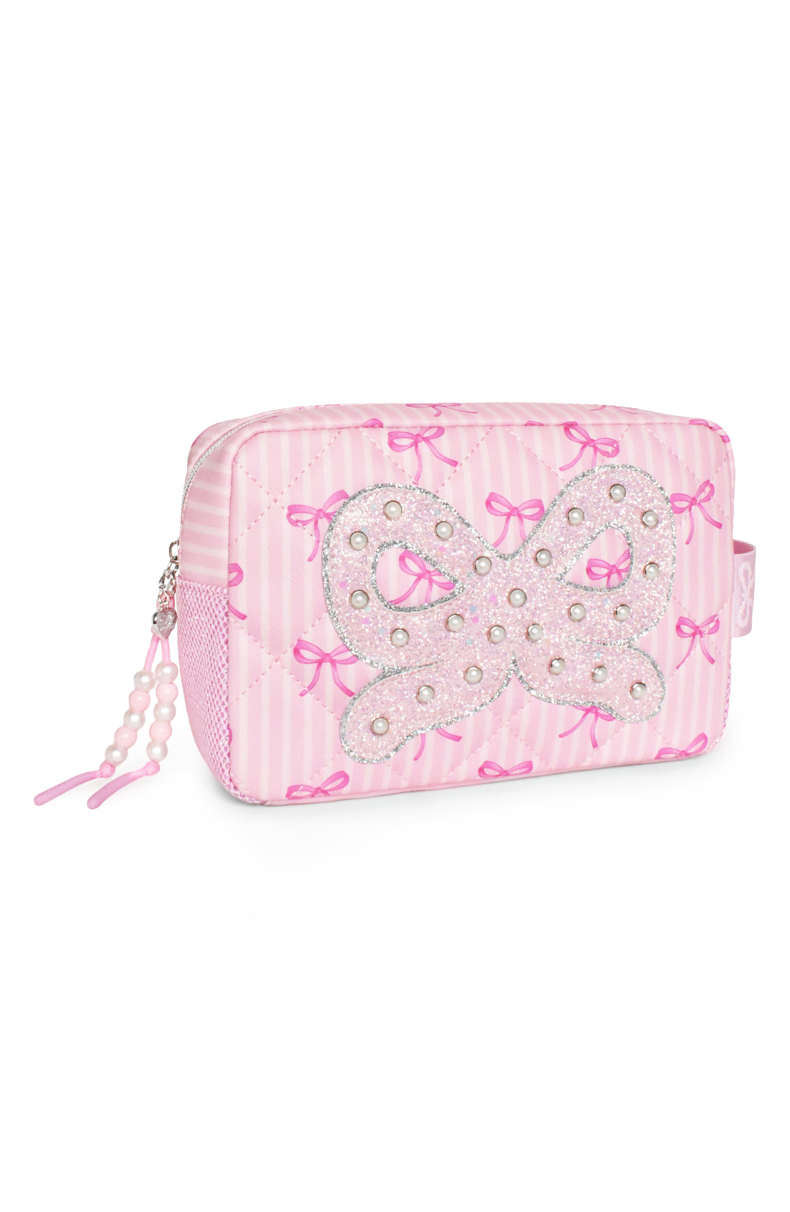 Kids' Bow Pearl Quilted Cosmetic Pouch, Alternate, color, LOLLIPOP