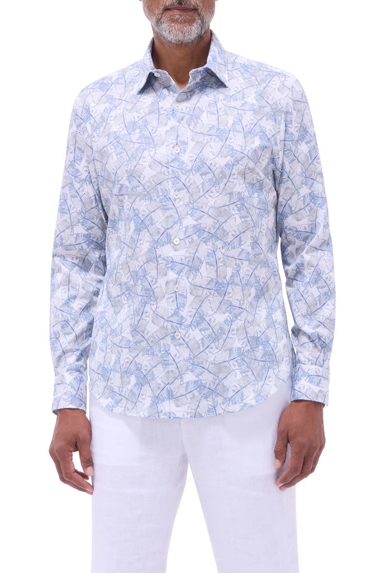 Julian Shaped Fit Leaf Print Stretch Cotton Button-Up Shirt, Main, color, COBALT